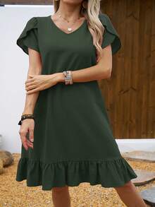 Vestido de Mujer con Cuello en V, Mangas de Concha y Volantes - Verde Gris - Ver 9