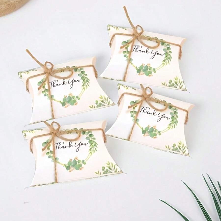 Wedding Mori Style Kraft Paper Green Leaf Pillow Shaped Creative Candy Box - Multicolor - View 1