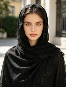 1pc Solid Color Embossed Floral Pearl Chiffon Eyelash Lace Trim Long Headscarf Scarf - Multicolor - View 1