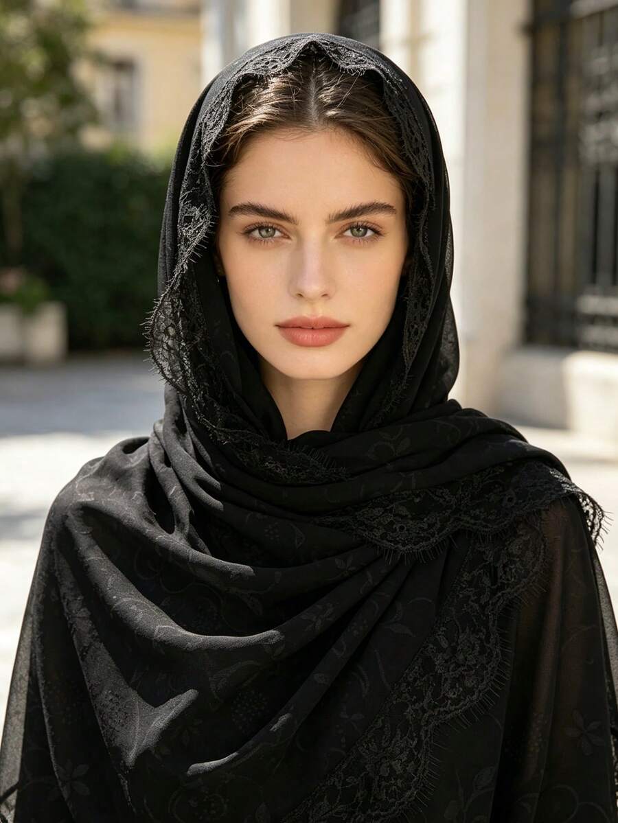 1pc Solid Color Embossed Floral Pearl Chiffon Eyelash Lace Trim Long Headscarf Scarf - Multicolor - View 1