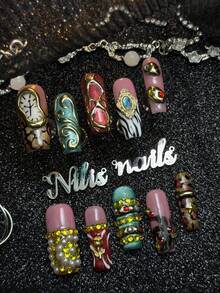 10 piezas de uñas postizas cuadradas largas totalmente cubiertas hechas a mano, colores dorado&rosa&rojo&verde menta, decoración 3D de reloj&piedras preciosas&perlas&patrón geométrico dorado&estampado animal, reutilizables, estilo vintage de lujo Y2K, adecuadas para fiestas & uso diario - Multicolor - Ver 3