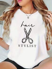 Conjuntos Diarios Elegantes   1 pieza de camiseta ligera y duradera para mujer, estampada con un diseño de tijeras negras para peluqueros, perfecta para Halloween, Día de Acción de Gracias, Navidad, celebraciones de Año Nuevo, ropa casual para el hogar, atuendo para salones de belleza y ropa casual para mujeres. Ropa de verano holgada para mujer. - Blanco - Ver 1