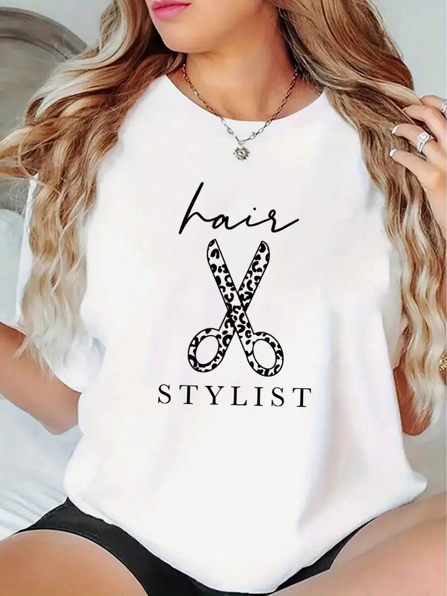 Conjuntos Diarios Elegantes 1 pieza de camiseta ligera y duradera para mujer, estampada con un diseño de tijeras negras para peluqueros, perfecta para Halloween, Día de Acción de Gracias, Navidad, celebraciones de Año Nuevo, ropa casual para el hogar, atuendo para salones de belleza y ropa casual para mujeres. Ropa de verano holgada para mujer. - Blanco - Ver 1