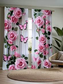 2pcs High-Definition Digital Sweet Girl Style Pink Rose Butterfly Print Decorative Curtains, Polyester Material, Easy To Install, Rod Pocket Hanging, Semi-Transparent Privacy Protection, Machine Washable And Hand Washable, Suitable For Bedroom, Office, Kitchen, Living Room, Study, Home Decor. - Multicolor - View 9