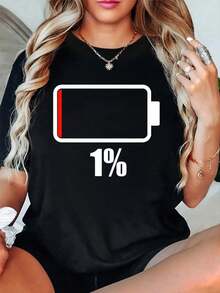 Camisetas de manga corta para mujer, camiseta de cuello redondo 100% algodón 1% Batería – 1% Batería, camiseta divertida de bajo porcentaje de energía para mujer y hombre, camiseta negra de manga corta, corte clásico, camiseta divertida. - Negro - Ver 1