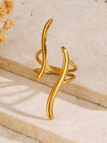 1pc Stainless Steel 18K Gold Plated Summer Personalized Versatile Minimalist Casual Geometric Gold Line Adjustable Open Ring Suitable For Women's Daily, Holiday, Date, Party Wear, Casual Jewelry Gift - Multicolor - View 2