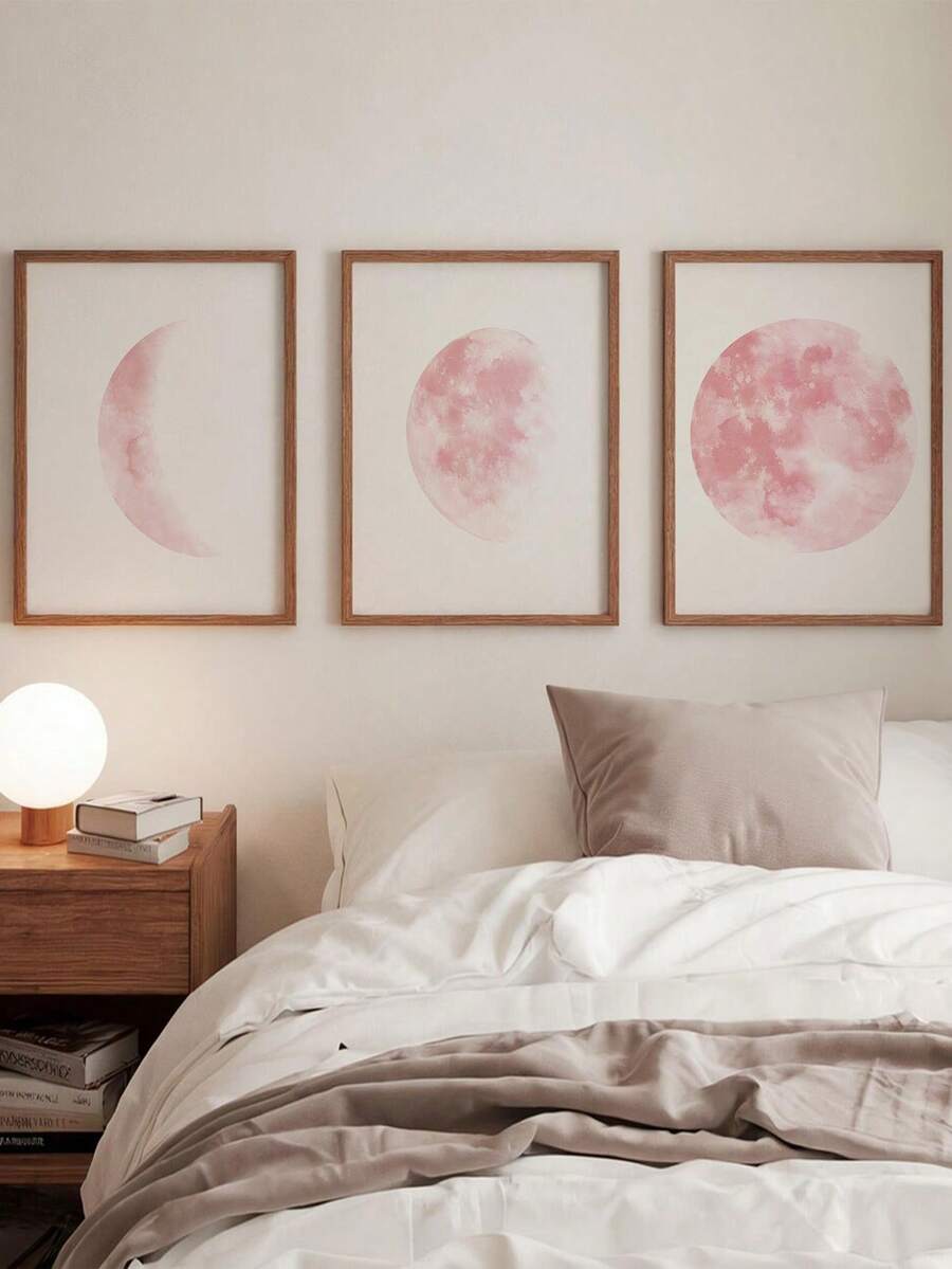 3PCS/SET Frameless, Pink Watercolor Moon Phase Abstract Wall Art Set; Minimalist Bohemian Art Poster; Modern Wall Decor Perfect For Living Rooms, Bedrooms, Girls' Rooms, And Entryways; Ideal For Creative Holiday Decorations - Abstract - View 1