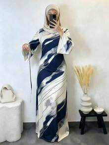 Women's Long Knitted Arabic Style Dress, Round Neck Abstract Pattern, Flared Long Sleeves, Abaya Style - Navy Blue - View 1