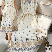 xuehuamaoyi02  Vestido de mujer con estampado, cuello en V, sin mangas y cintura ceñida, con estilo elegante y de vacaciones a la francesa - Albaricoque - Ver 2