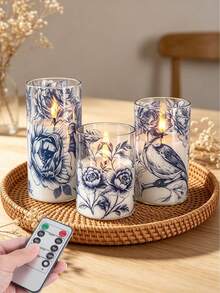 Blue And White Porcelain Floral Bird Print Electronic Candle Set, 3pcs, Remote Control Timer Solar Powered Waterproof LED Faux Candles, French Vintage Blue And White Pattern Glass Cup Candles, Romantic Atmosphere Decor, Christmas / Wedding / Birthday / Valentine's Day / Party Home Decor, Suitable For Living Room, Bedroom, Bathroom, Outdoor - Blue and White Porcelain - View 1