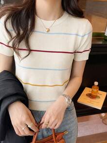 2026春夏條紋圓領針織上衣，優雅休閒女款上衣，適合日常、通勤、音樂節、約會，法式女孩風 - 杏色 - 查看 5