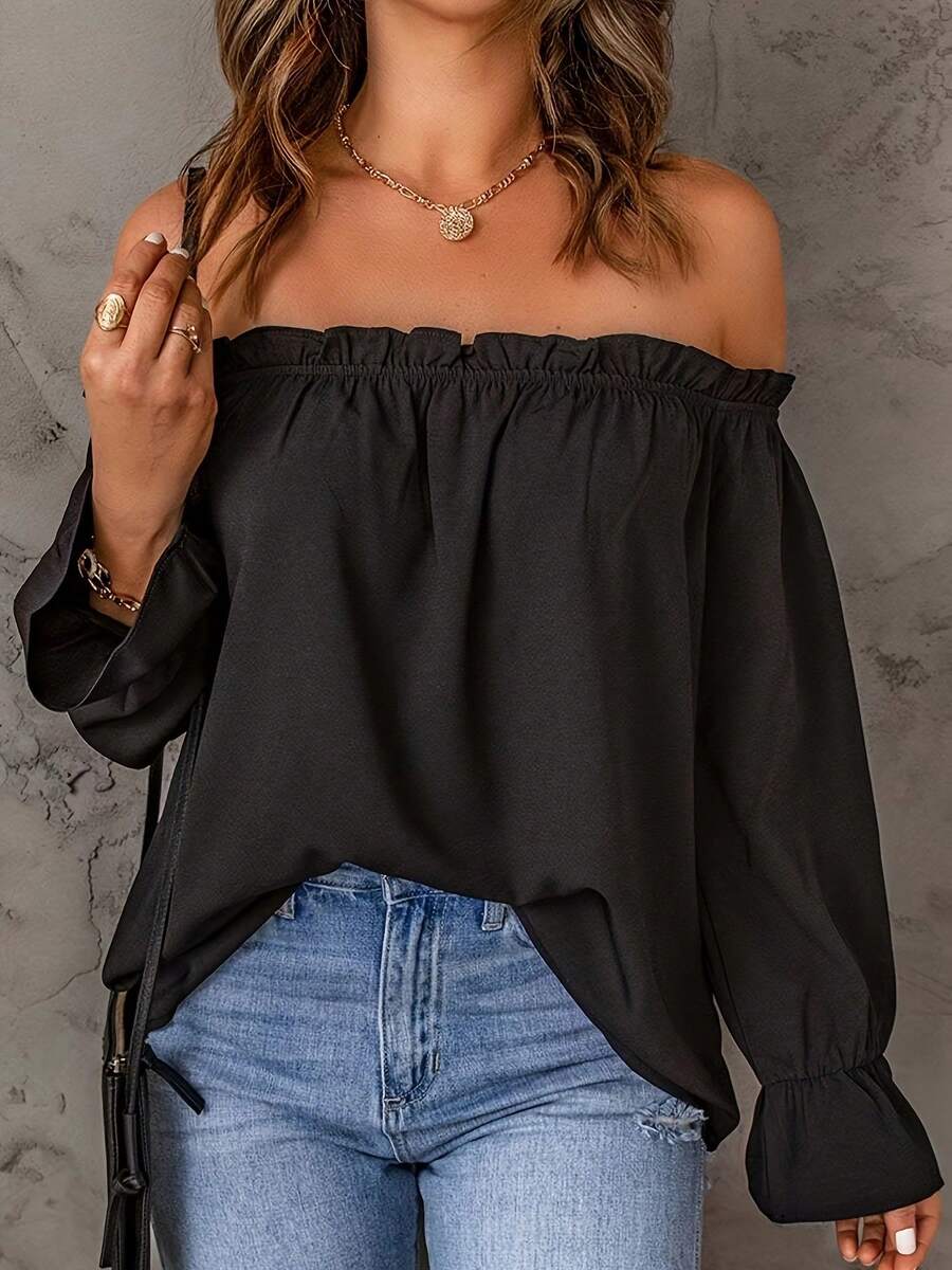 European And American Style Off-The-Shoulder Blouse, Spring/Autumn Shirt - Development - Black - View 1