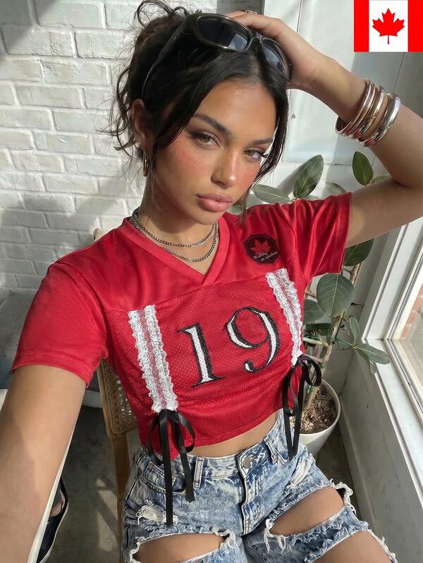 Women's Casual Canada Mesh Jersey Semi Sheer V Neck Contrast Lace Tape Cropped T-Shirt For Summer Vacation Outfits For Women, Going Out Tops,Y2k