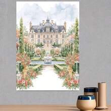 Póster en lienzo sin marco 2D plano, 1 pieza, pintura de acuarela de manor de boda de primavera, arte en lienzo de fuente de jardín y decoración floral, impresión plana 2D multicolor vibrante, perfecto para dormitorio, cocina, oficina, decoración de sala de estar de granja - Enmarcado - Ver 3