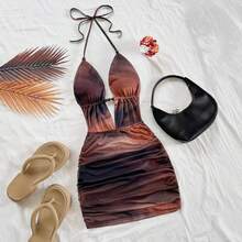 Women's Solid Color Textured Halter Neck Fitted Mini Dress For Holiday - Brown - View 2