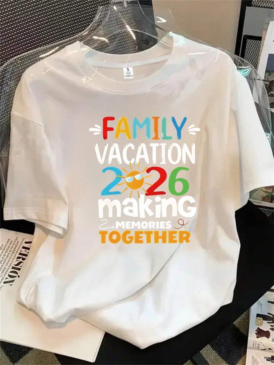 Top de manga corta con cuello redondo y estampado para mujer, ideal para las vacaciones familiares de 2016 y apto para todas las estaciones. - Blanco - Ver 1