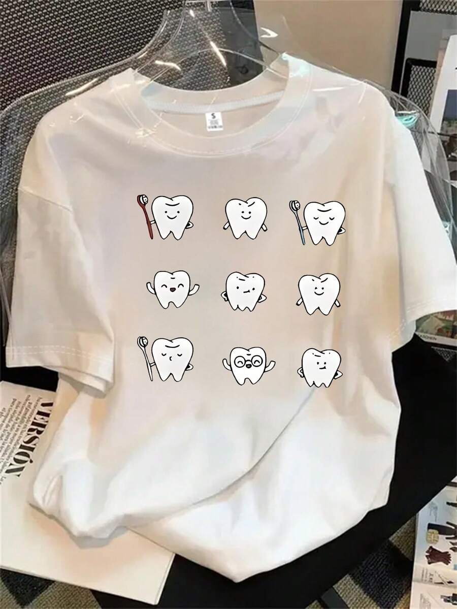 Camiseta de manga corta y cuello redondo para mujer con un estampado de dientes que muestran diferentes emociones, ideal para todas las estaciones. - Blanco - Ver 1