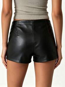 Womens Mini PU Leather Shorts Casual Stylish Solid Color Zip Side Mid Rise Shorts For Daily Life Party And More - Black - View 5