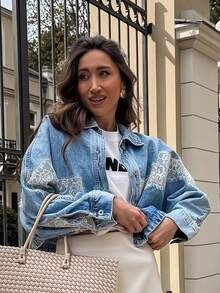 Women Autumn Vintage Lace Trimmed Loose Fit Long Sleeve Denim Casual Jacket - Blue - View 6