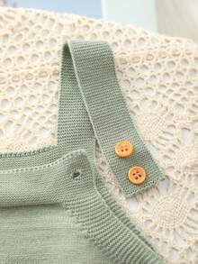 女嬰夏季可愛甜美「One」字母彩色刺繡針織肩帶三角連身褲，可愛迷人，適合日常休閒穿著或外出 - 青碧色 - 查看 3