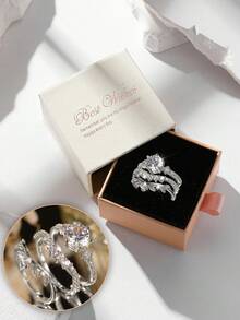 Gift Box Set 3pcs Bridal Ring Set, Round Main Diamond & V-Shaped Leaf Full Diamond Band, Silver Stackable Women's Wedding Rings - Silver - View 16