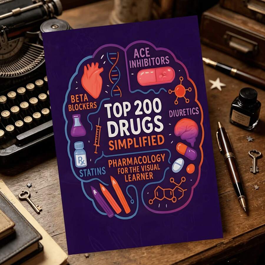 <200 دليل شائع موجز: كتاب تلوين الصيدلة ودليل الدراسة>- أكثر من 300 صفحة من الأساسيات السريرية ووسائل المساعدة على الذاكرة ومواد المراجعة عالية القيمة، مصمم خصيصًا لمستلزمات مدرسة الفنيين الطبيين
