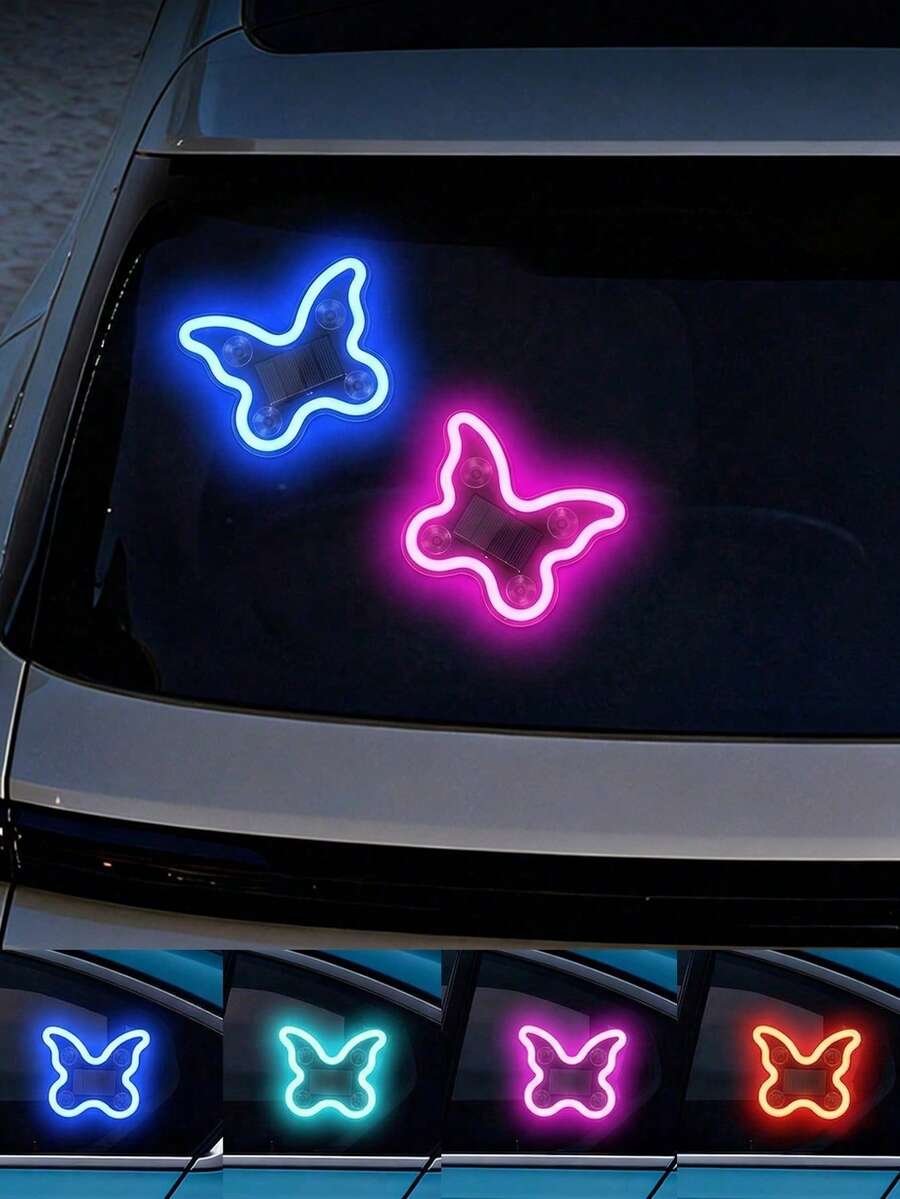 Solar Powered Butterfly Car LED Ambient Light, Neon Glowing Butterfly Car Window Decoration Light, 3.7V 300mAh Battery Powered, Suitable For Car Rear Window, Side Window, Interior Space And Low Light Environment Use, Auto-On In Low Light, Vibration Sensing Light, Easy Installation Without Wiring, Lightweight And Compact, Enhances Romantic Atmosphere And Personalized Decoration Effect, Suitable For Couple Dates, Night Travel, Self-Driving Trips, Camping Trips, Holiday Decor And Daily Car Interior Decoration