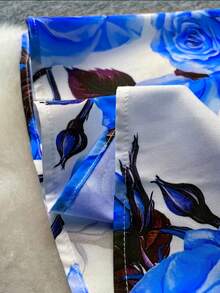 Elegant Women's Floral Print Dress With Short Sleeves, Lapel Collar, And Fitted Waist - Romantic Rose Design, Perfect For Spring Outings, Garden Parties, And Casual Events | Garden Party Dress | Floral Print Dress | Stylish Dress - 藍色 - 查看 6