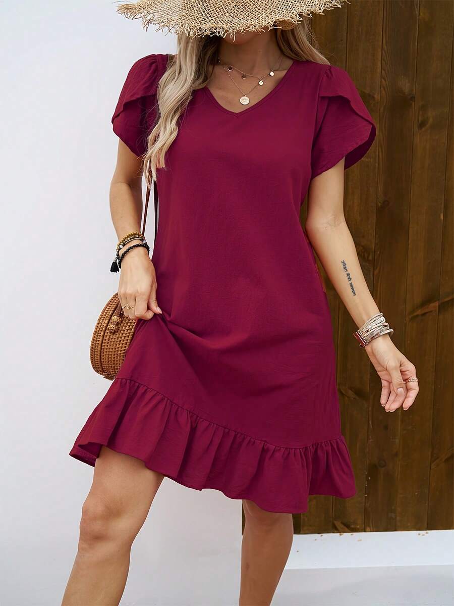 Women's Dress With V-Neck, Shell Sleeves And Ruffles - 鵝黃色 - 查看 1