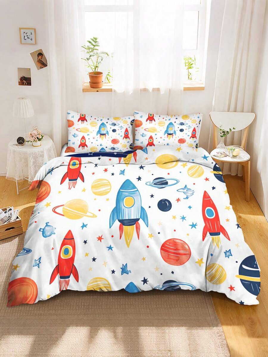 2/3pcs Cute Rocket Space Bedding Set, Soft Planet Print Duvet Cover Set With Pillowcases, Suitable For Children And Teenagers Boys And Girls Room Decor, All Season Use, With Zipper Closure 150x200cm - Multicolor - View 1