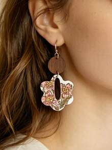 1 Pair Vintage Floral Patchwork Round Double-Layer Wooden Earrings, Summer Pastoral Printed Flower Daily Versatile Ear Jewelry - Multicolor - View 2