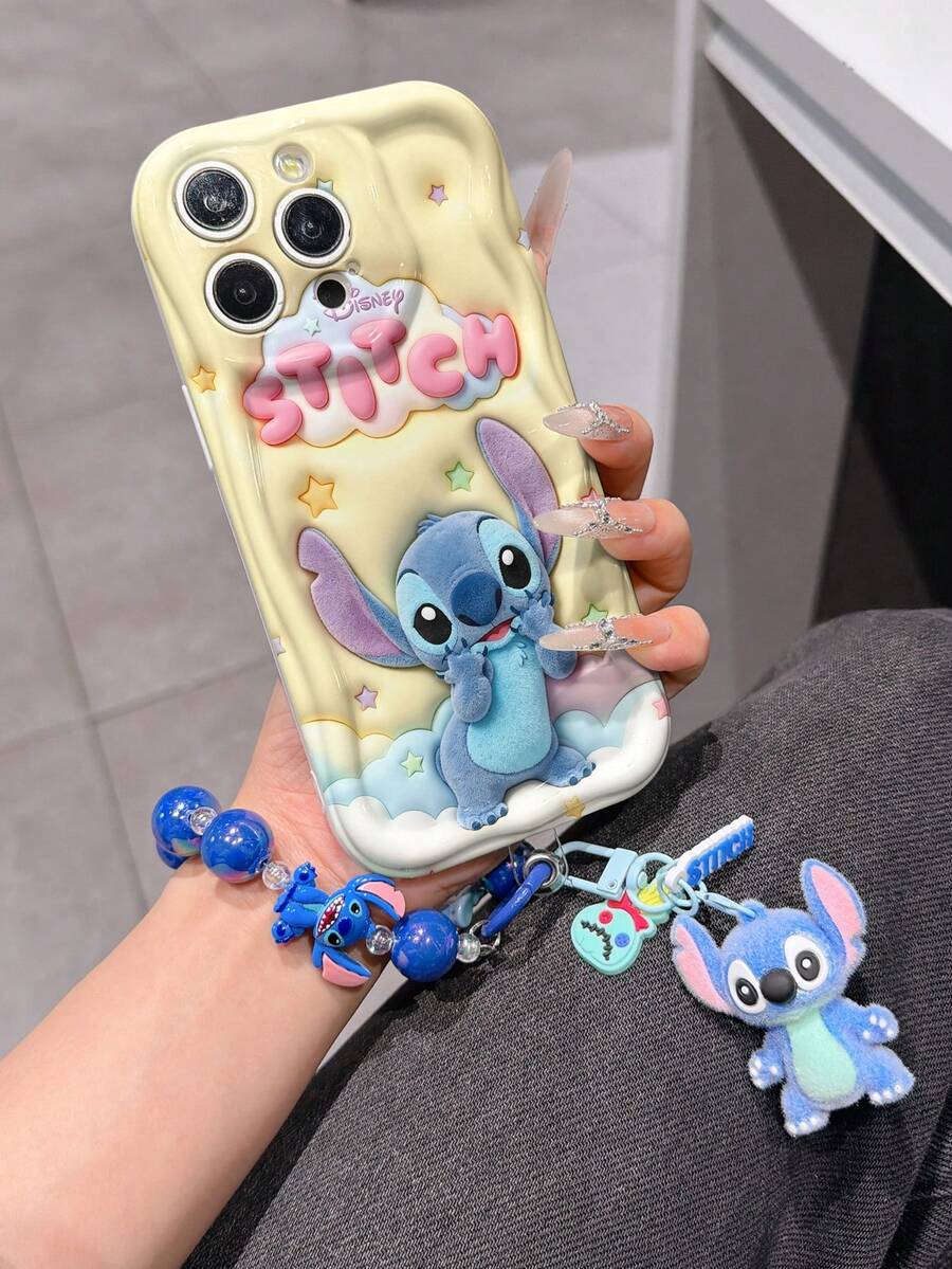 Disney Has Authorized, Phone Case - Chain Set, The Stitch Lilo & Stitch 3D Phone Case Plus A Silicone 3D Stitch Bracelet With Metallic Ring Removable Bracelet, Stitch And Angel Pattern, Compatible With Iphone17/16/15/14/13/12/11/XS/XR/X Plus Pro Max, A Stylish Cartoon Phone Case, The Perfect Gift Choice, Phone Protection, Durable Phone Cover, Great Gift For Friends And Family. - 白色 - 查看 1