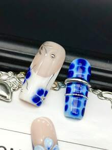 DIY Y2K 10片中長款法式尖頭亮面金屬感藍綠漸層穿戴甲，手工手繪金色波浪3D浮雕戒指設計，適合女性與女孩派對使用，附膠貼與指甲锉 - 藍色 - 查看 6