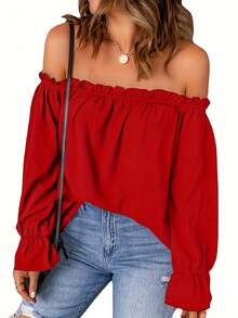 Blusa de hombros descubiertos de estilo europeo y americano, camisa de primavera/otoño - Development - [Rojo] - Ver 2