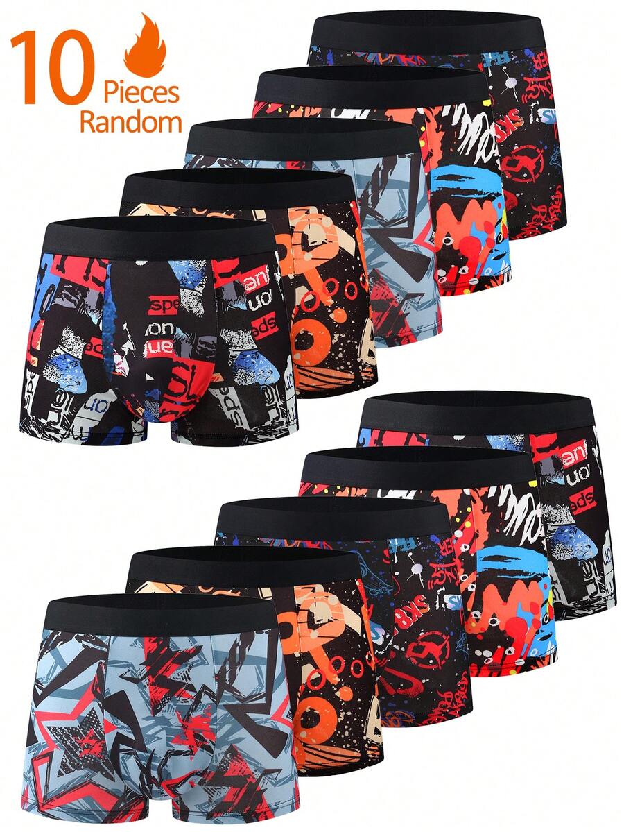 10pcs/Pack Random Mix Print Pattern Men's Boxer Briefs, Comfortable Boxer Shorts, High Elastic Mid-Rise Athletic Underwear, Stylish Men's - Multicolor - View 1