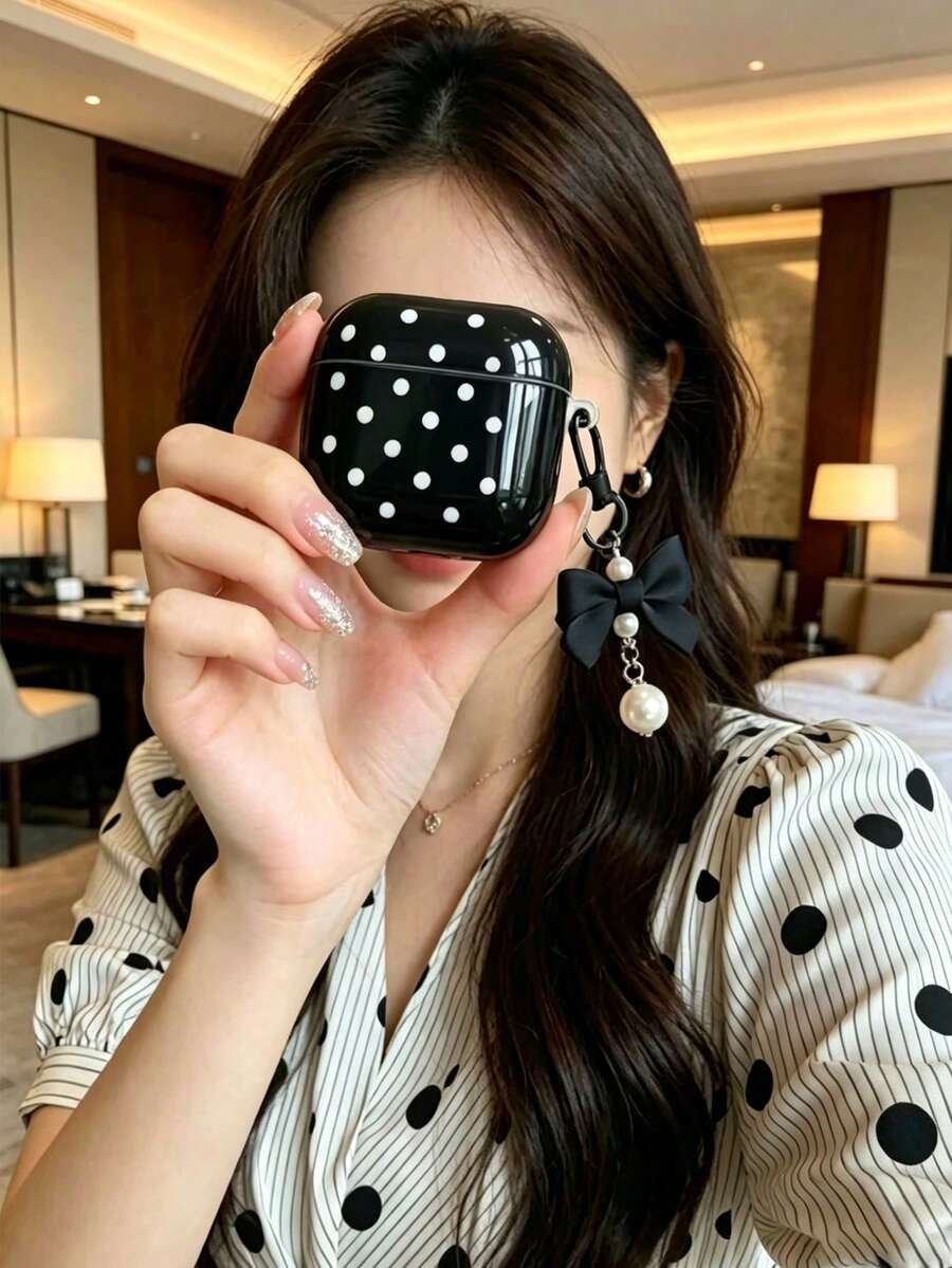 1pc Black Polka Dot Earbud Protective Case, Glossy Hard Shell With Detachable Bow Pearl Keychain, Shockproof Anti-Scratch Cover For Wireless Earphones - Multicolor - View 1