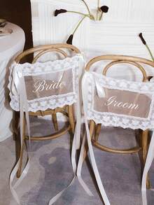 2pcs/Set Lace Newlywed/Bride & Groom Chair Back Decor Signs, Transparent Lace Decor Signs, Wedding Chair Decoration, Wedding Chair Banner Transparent Fabric Decor Signs - White Suit - View 4