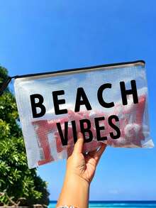 多色防水時尚網布沙灘包,印有「Beach Vibes」圖案的化妝包,沙灘主題。大容量透明化妝包配尼龍拉鍊,便攜式化妝收納包,適合女性使用,可收納化妝品、洗漱用品和旅行必需品,適用於日常使用、度假、出差、健身、沙灘,適合學生、旅行者和美容愛好者,非常適合夏季假期、生日和伴娘禮物,可用作化妝包和洗漱包 - 彩色 - 查看 4