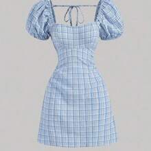 jianchaimaoyi02  MOD Vestido casual de mujer con cuello cuadrado, mangas de pétalo y estampado floral diminuto - Café integral - Ver 2
