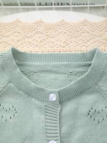 Áo cardigan len cổ tròn cho bé gái mùa xuân/hè, họa tiết trái tim ren + họa tiết trái tim đan hở, phong cách nhẹ nhàng thanh lịch, phù hợp đi chơi, tụ tập hoặc vui chơi - Màu xanh Cadet - Xem 2