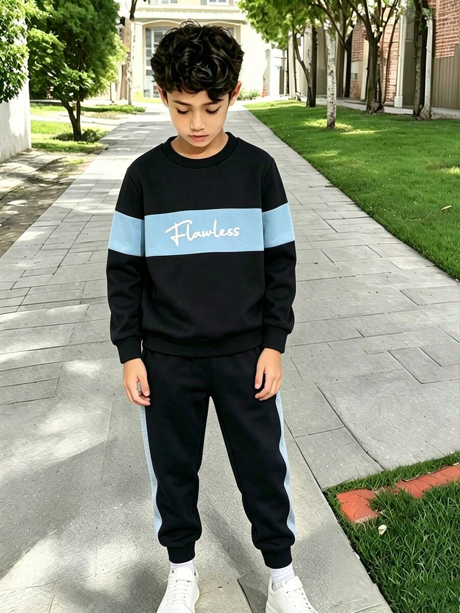 幼儿字母图案保暖圆领卫衣和裤子套装 - 黑色 - 查看 1