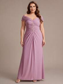EVERPRETTY Elegante vestido largo formal de talla grande para mujer en color rosa loto, con cuello en V y patchwork bordado, encantador vestido formal sin mangas para la madre de la novia, adecuado para fiestas nocturnas, bodas y ocasiones formales - Rosa vieja - Ver 2
