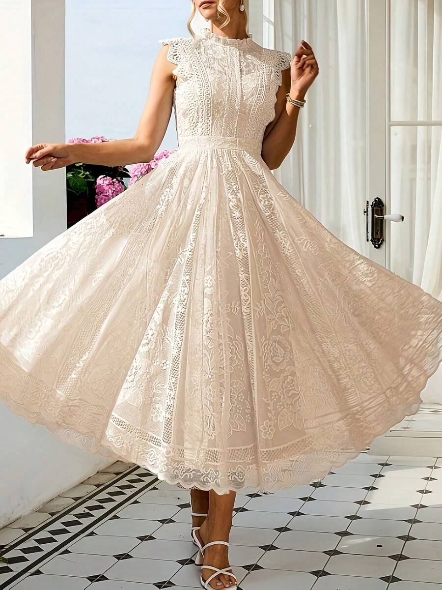 Women's Wedding Guest Dress, New And Elegant Fan-Shaped Lace Flared Dress, Retro Sleeveless Lace Dress, Suitable For Wedding Bridesmaid Dress, Evening Party, Casual Romantic Dates - 灰藍色 - 查看 1