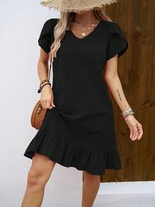 Vestido de Mujer con Cuello en V, Mangas de Concha y Volantes - amarillo ganso - Ver 9