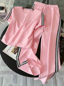 Conjunto de camiseta de mujer de cuello redondo de punto a rayas, estilo minimalista de moda, regalo para amigos - Rosa vieja - Ver 1