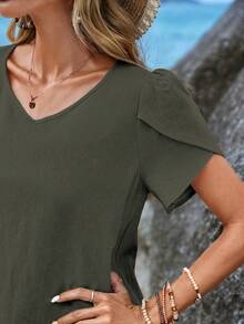 Vestido de Mujer con Cuello en V, Mangas de Concha y Volantes - Verde Gris - Ver 6