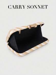 CARRY SONNET - Women Straw Pattern Box Clutch Purse, Woven Evening Handbag For Wedding Party Vacation Dinner - Champagne - View 2