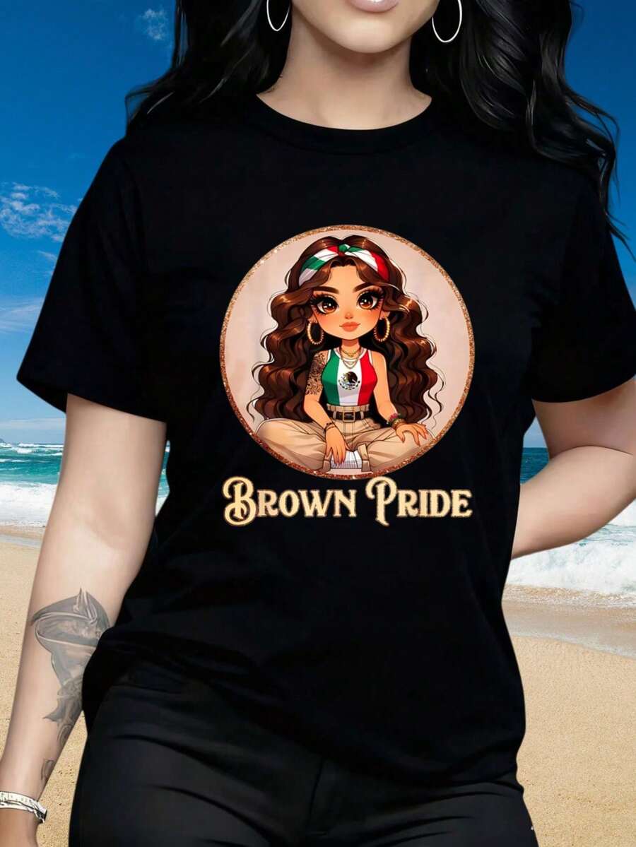 Women's Short-Sleeved Crew Neck T-Shirt, Mexican Pride T-Shirt In Brown With Flag And Cultural Art Design. Fun Prints Suitable For Valentine's Day, Christmas Parties, Sports Activities, Holiday Parties, Outings, Sports, And Other Festive Gifts (220g). 100% Cotton Blouses > Basics - 黑色 - 查看 1