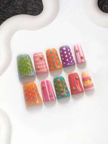 10pcs Handmade Press-On Nail Set, Dopamine Style Polka Dot Design, Green, Purple And Orange Nail Polish, Includes Nail Tools, 3 Sizes Available, Almond/Duck/Coffin Shape, Suitable For Party, Dancing, Daily Wear - Multicolor - View 13