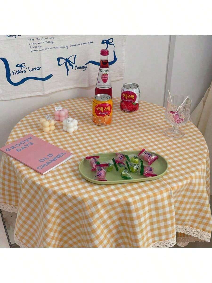 1 pièce/2 pièces Nappe à carreaux jaunes, Couvre-table, Tissu de bureau, Tissu de bureau de dortoir étudiant, Fond de photographie - Jaune citron - Voir 1